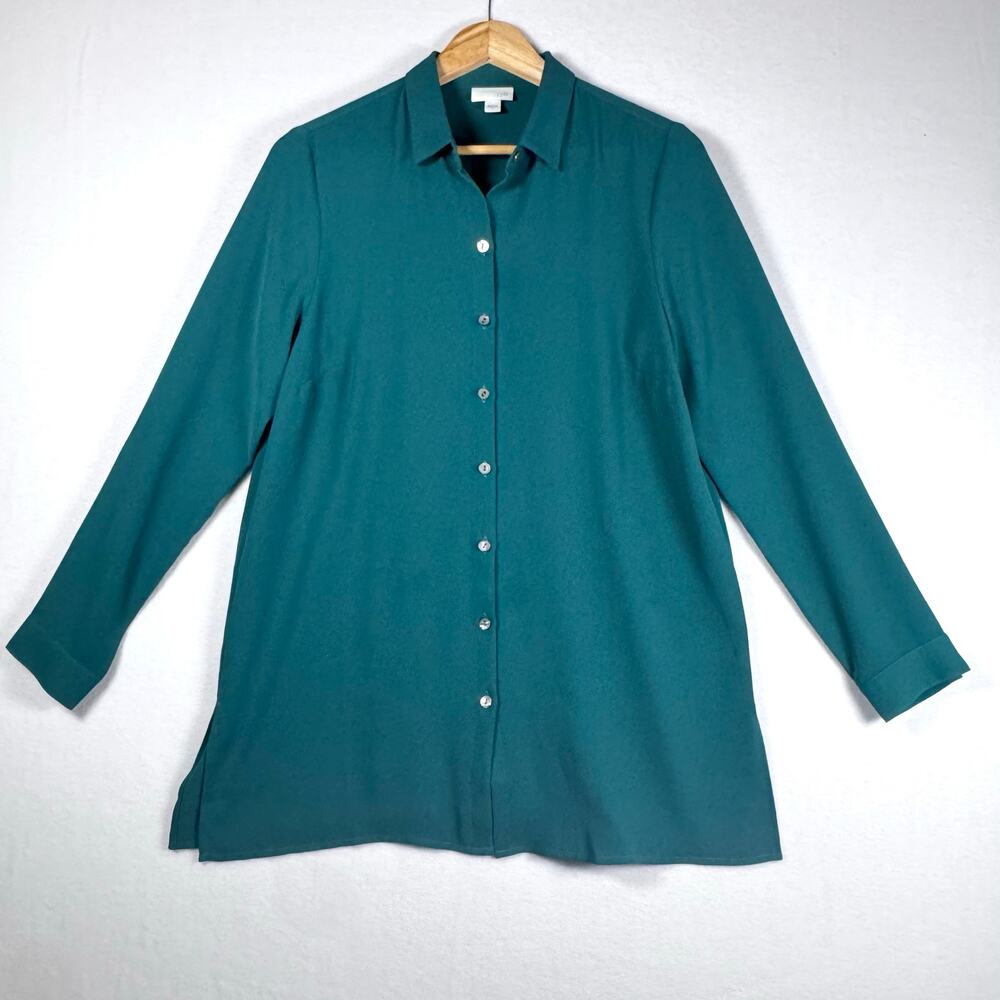 J JILL Blouse Women's Teal Button Up Long Sleeve Pleated Size Small